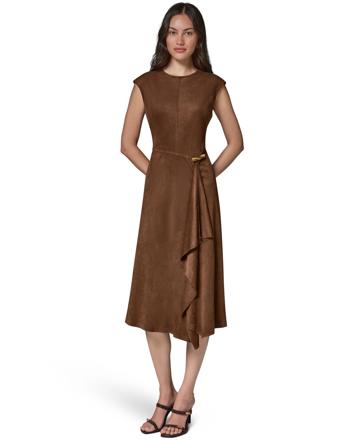 Donna Karan New York Women’s Cap-Sleeve Suede Midi Dress – Camel