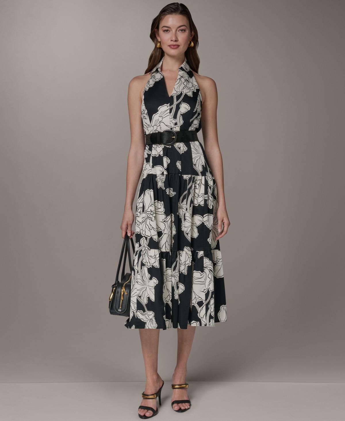 Donna Karan New York Women’s Collared Halter A-Line Sleeveless Dress – BLACK/CREAM Donna Karan New York Women’s Collared Halter A-Line Sleeveless Dress – BLACK/CREAM