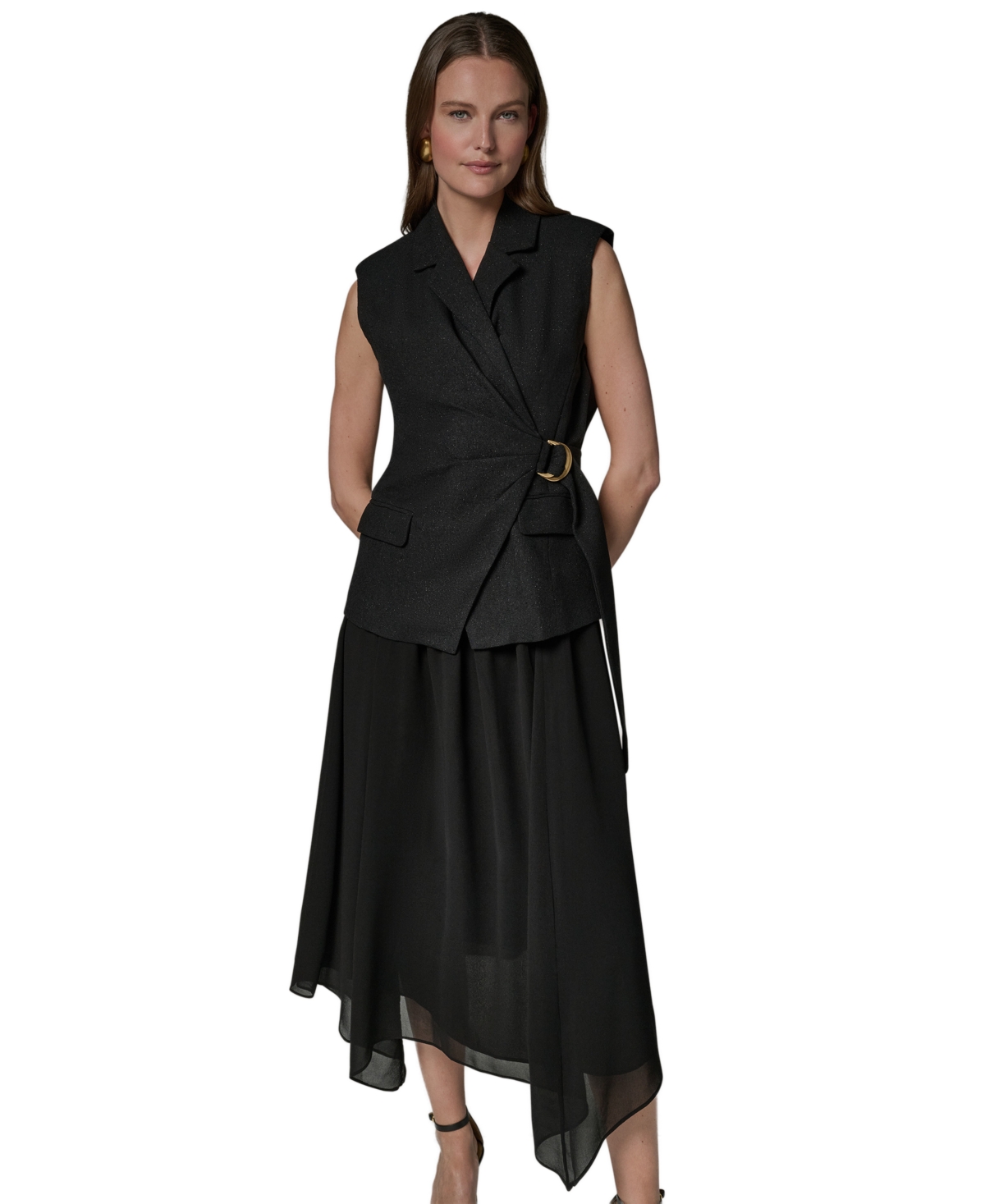 Donna Karan New York Women’s Collared Sleeveless Fit & Flare Dress – Black