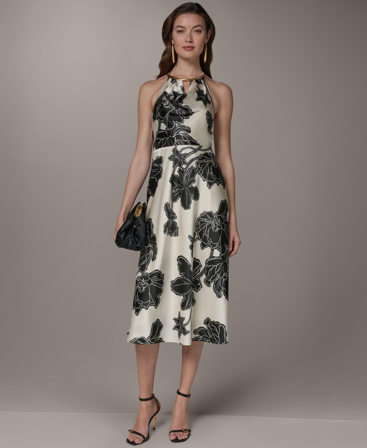 Donna Karan New York Women’s Cowl Neck Halter Floral A-Line Sleeveless Midi Dress – CREAM/BLACK Donna Karan New York Women’s Cowl Neck Halter Floral A-Line Sleeveless Midi Dress – CREAM/BLACK