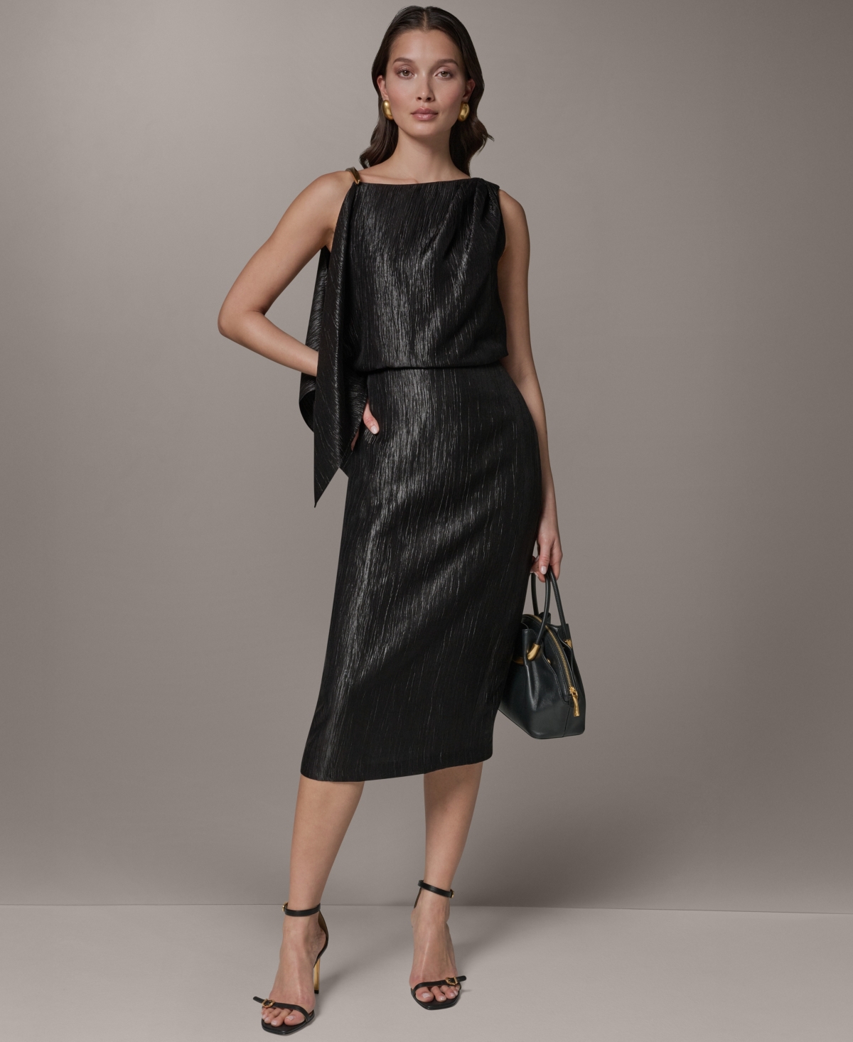 Donna Karan New York Women’s Crinkle Satin Square Neck Midi Sheath Dress – Black Donna Karan New York Women’s Crinkle Satin Square Neck Midi Sheath Dress – Black