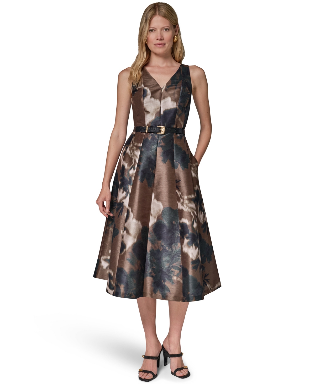Donna Karan New York Women’s Dupion Print Belted Midi Dress – Olive Brine/black Mu Donna Karan New York Women’s Dupion Print Belted Midi Dress – Olive Brine/black Mu