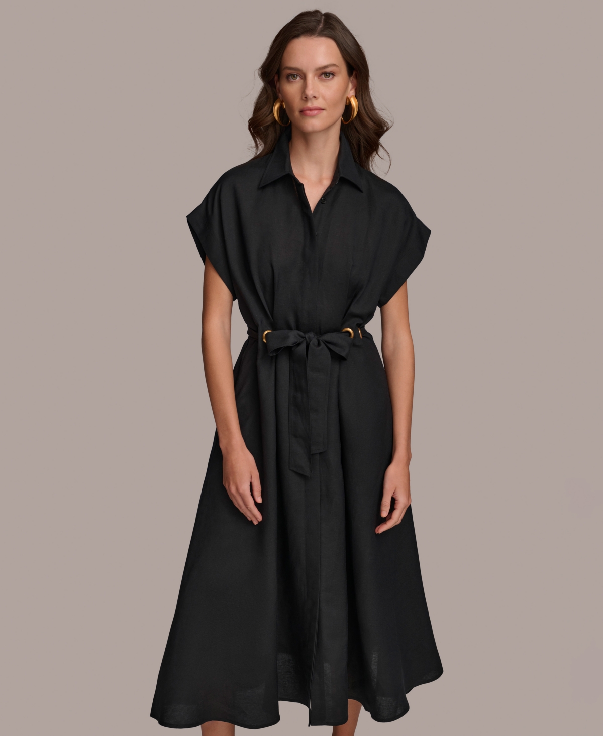 Donna Karan New York Women’s Grommet-Trim Belted Midi Dress – Black Donna Karan New York Women’s Grommet-Trim Belted Midi Dress – Black