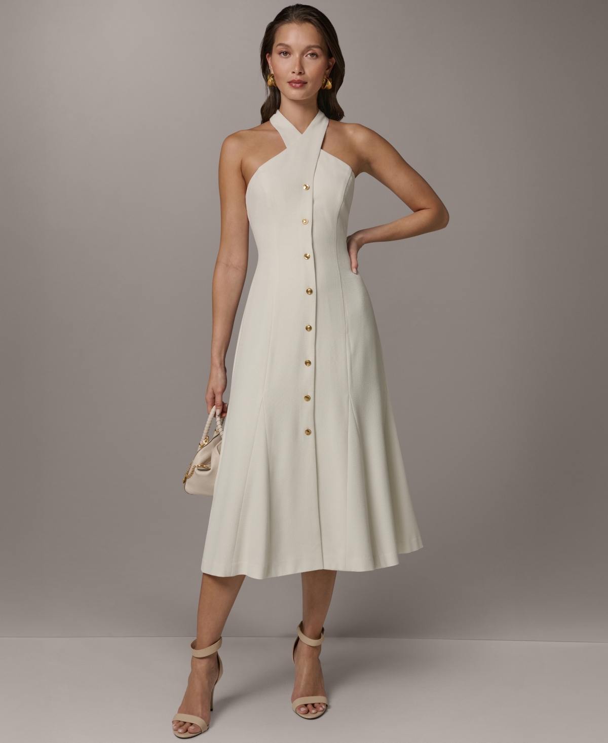 Donna Karan New York Women’s Halter A-Line Sleeveless Midi Dress – Cream Donna Karan New York Women’s Halter A-Line Sleeveless Midi Dress – Cream
