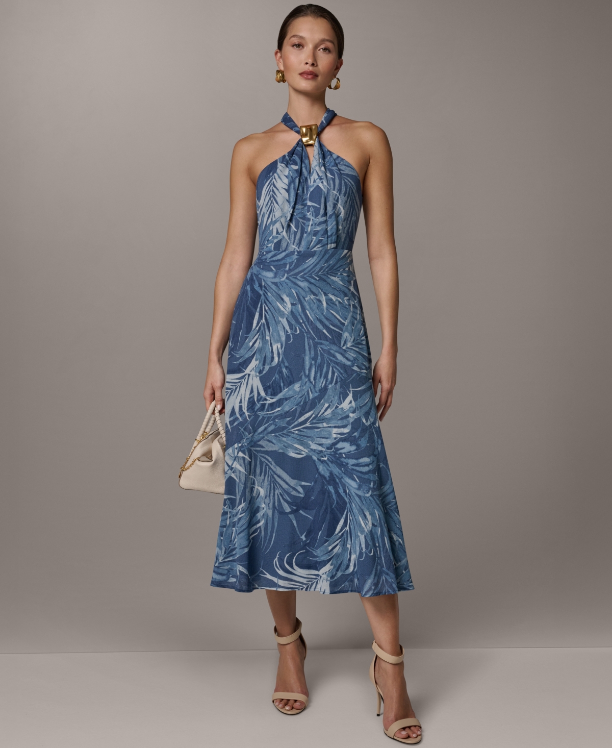 Donna Karan New York Women’s Halter Chiffon A-Line Sleeveless Midi Dress – Nightfall Multi