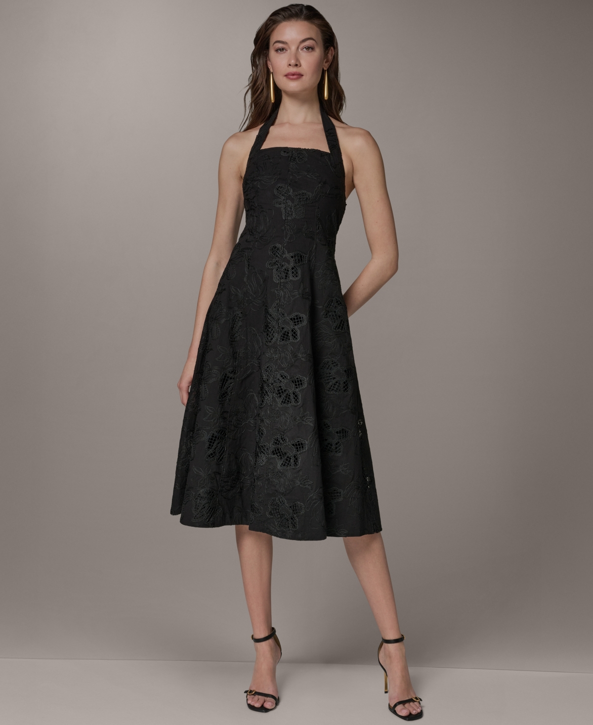 Donna Karan New York Women’s Halter Fit & Flare Sleeveless Embroidered Midi Dress – BLACK/BLACK