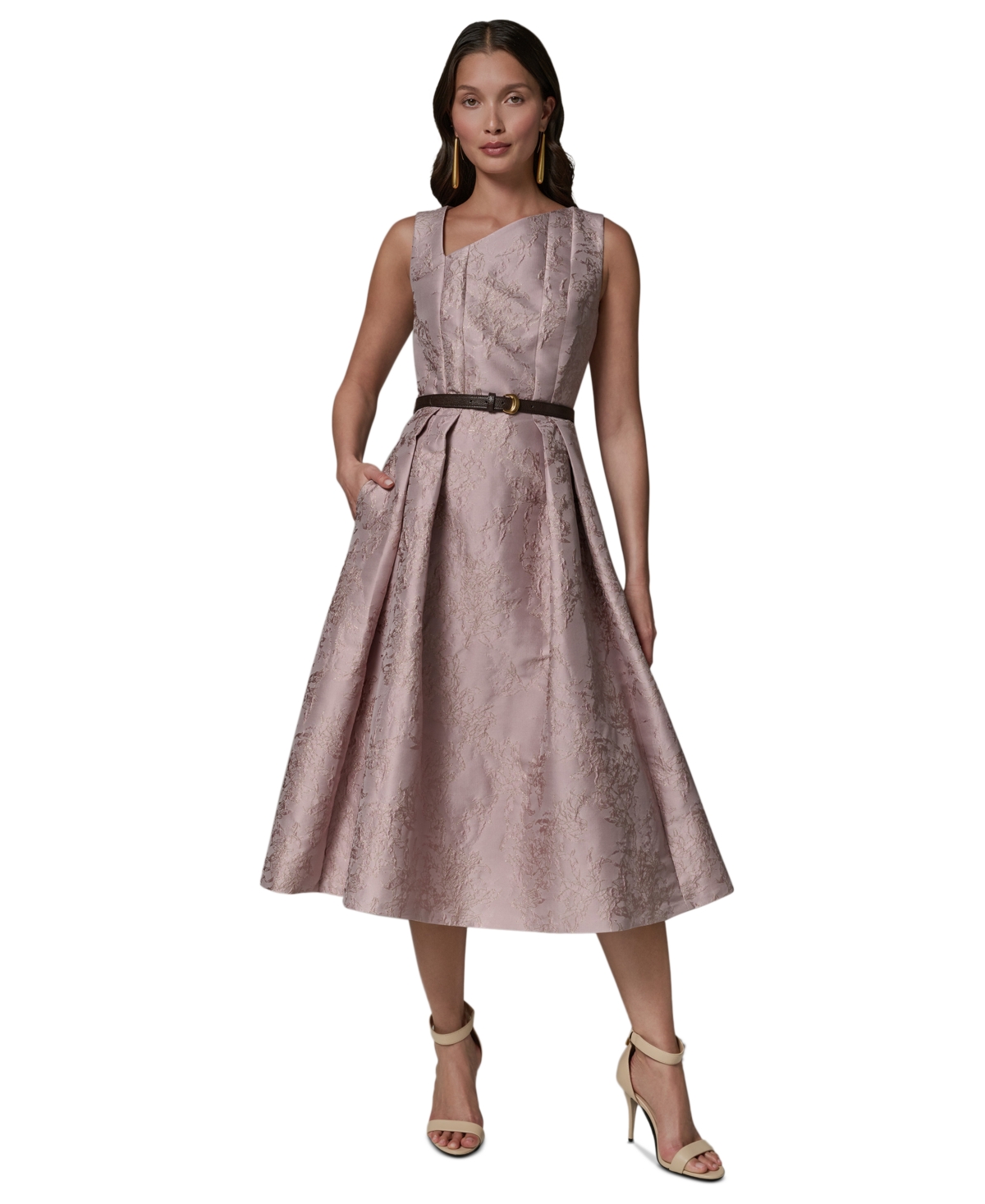 Donna Karan New York Women’s Jacquard Asymmetrical Neck Fit & Flare Dress with Belt – Lilac Donna Karan New York Women’s Jacquard Asymmetrical Neck Fit & Flare Dress with Belt – Lilac