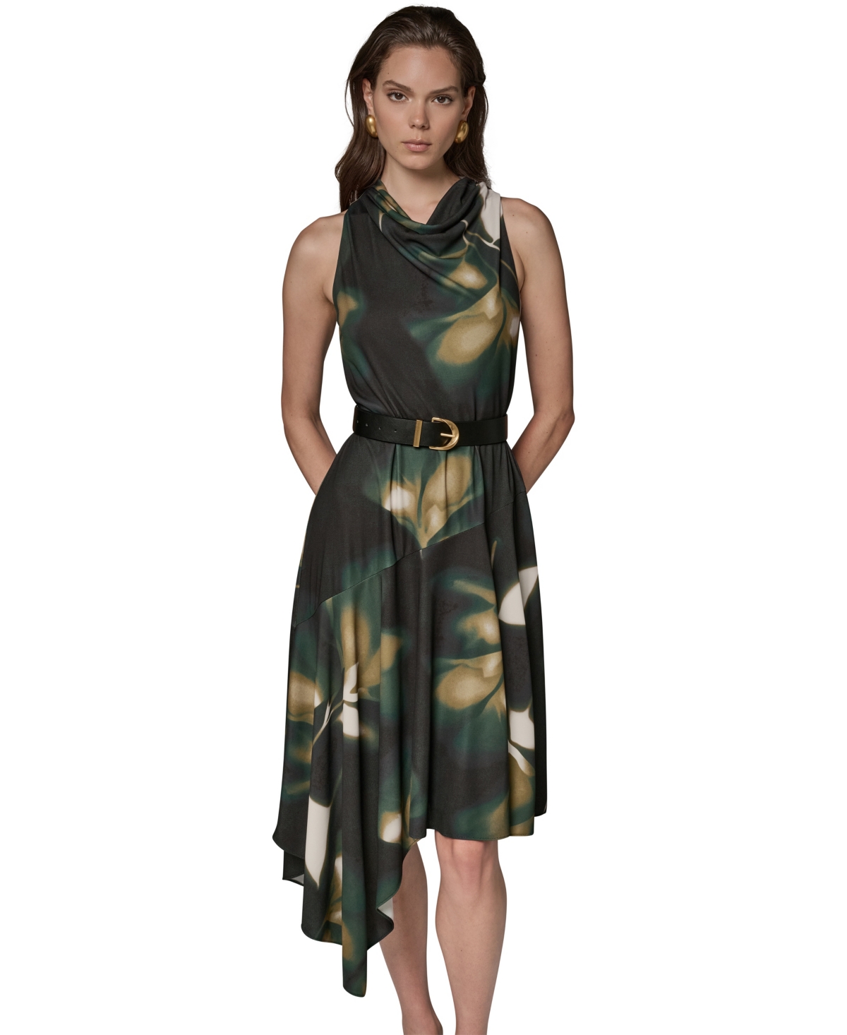 Donna Karan New York Women’s Jersey Print Sleeveless Dress – Olive Brine Multi