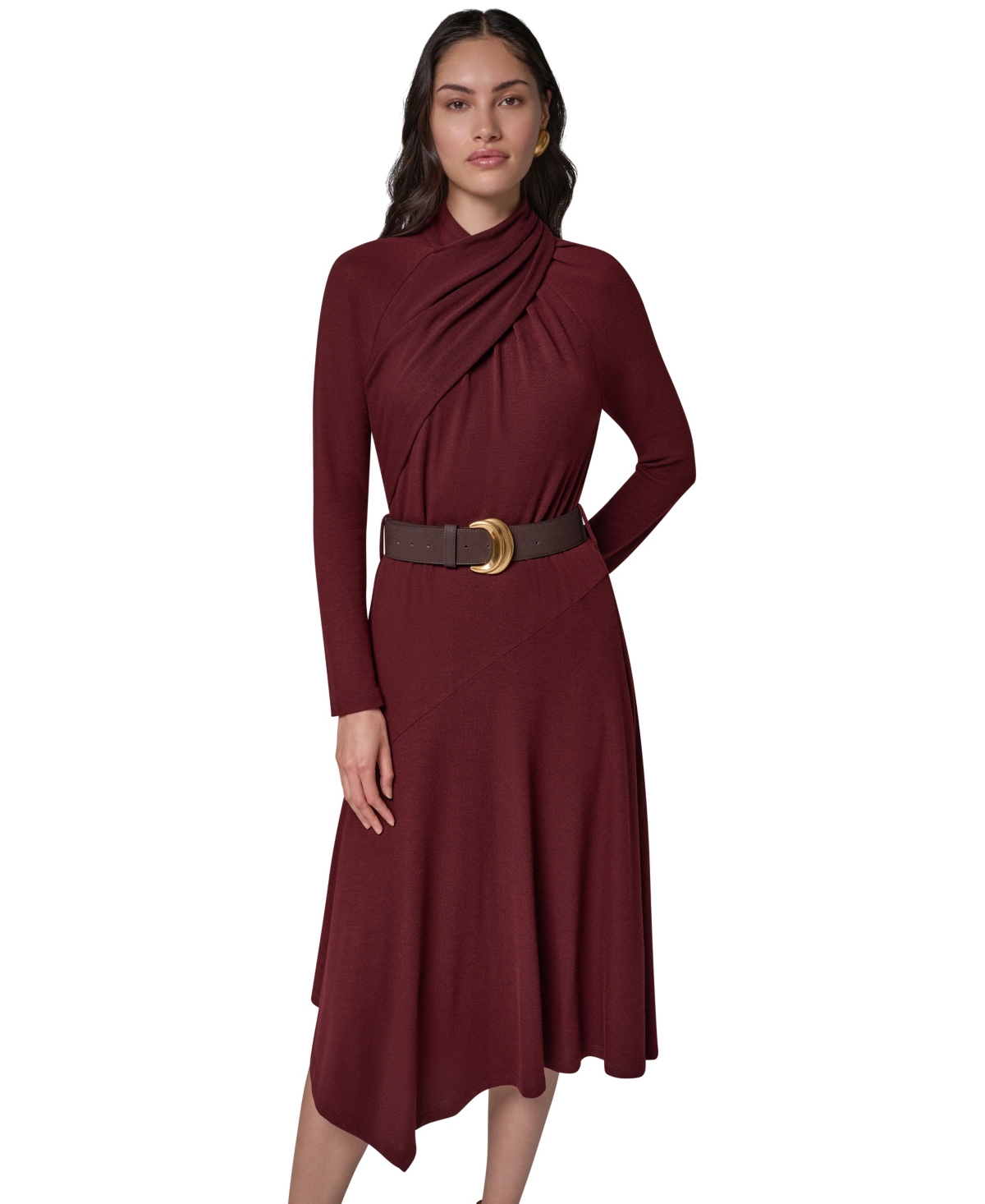 Donna Karan New York Women’s Long-Sleeve Mock-Neck Asymmetrical-Hem Midi Dress – Black Cherry