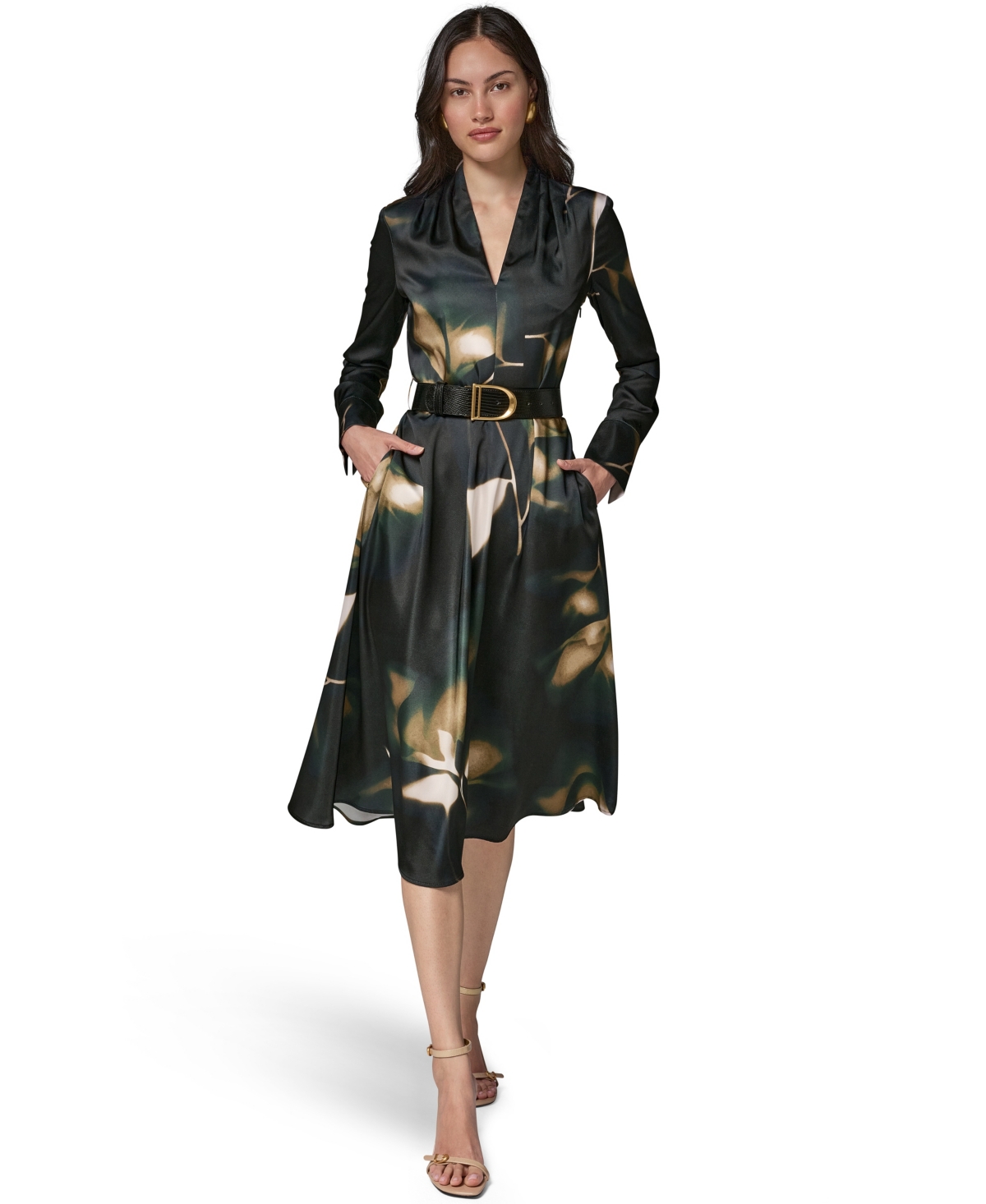 Donna Karan New York Women’s Long-Sleeve Printed Charmeuse A-Line Dress With Belt – Olive Brine Multi Donna Karan New York Women’s Long-Sleeve Printed Charmeuse A-Line Dress With Belt – Olive Brine Multi