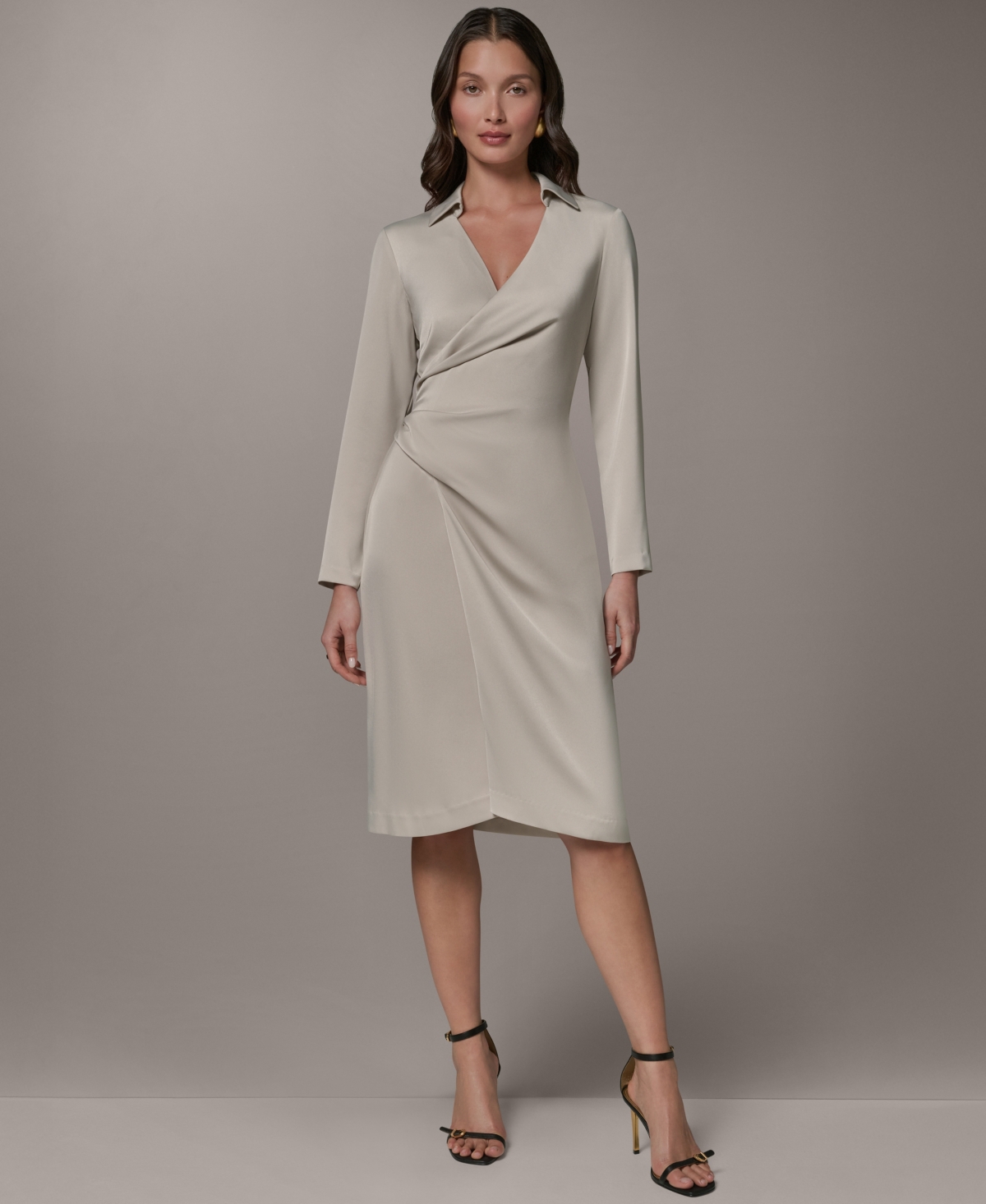 Donna Karan New York Women’s Long-Sleeve Satin Collared V-Neck Midi Wrap Dress – Tuscan Gray Donna Karan New York Women’s Long-Sleeve Satin Collared V-Neck Midi Wrap Dress – Tuscan Gray