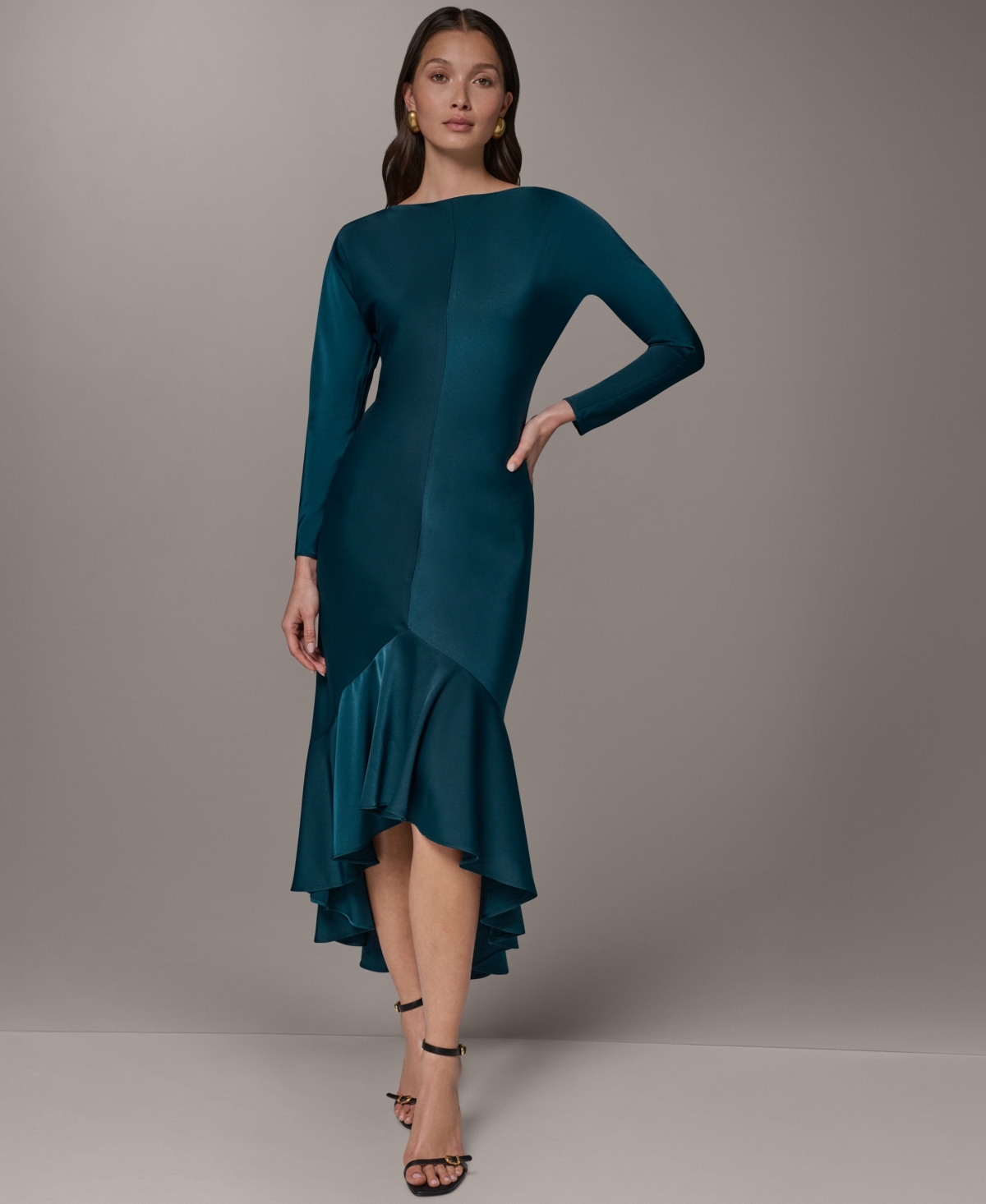 Donna Karan New York Women’s Long-Sleeve Satin High-Low Flounce Hem Dress – Hudson (Hudson) Donna Karan New York Women’s Long-Sleeve Satin High-Low Flounce Hem Dress – Hudson (Hudson)