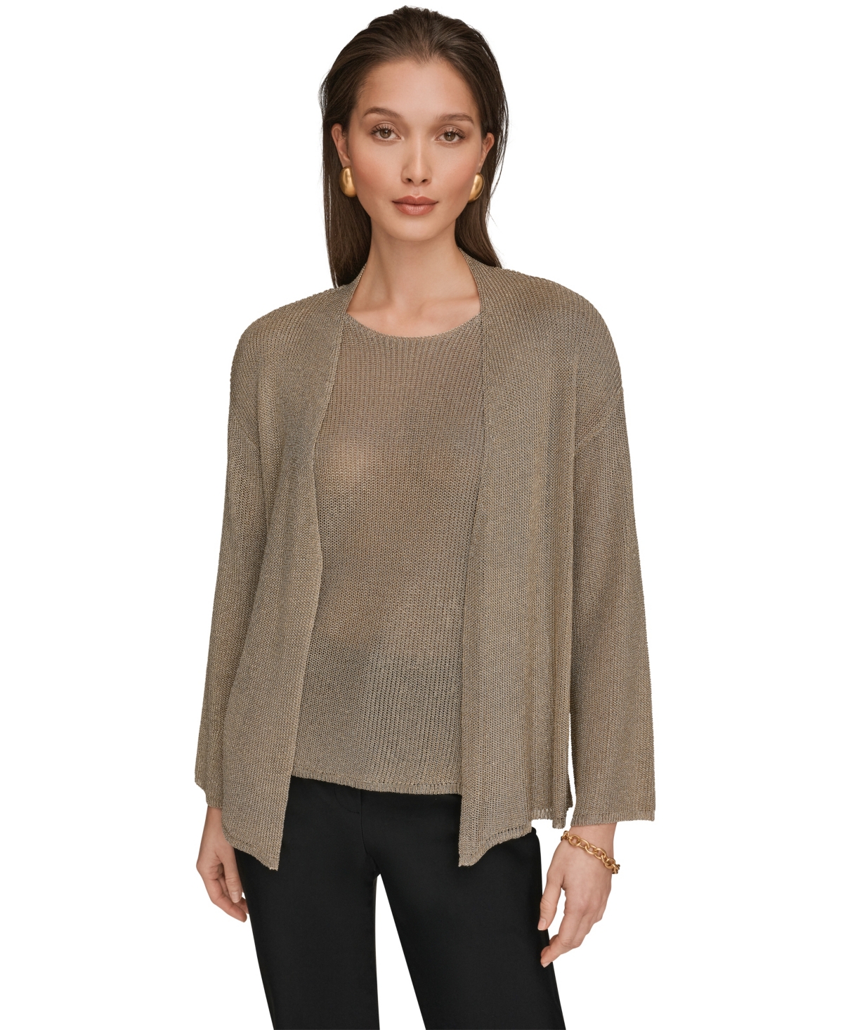 Donna Karan New York Women’s Metallic V-Neck Long-Sleeve Cardigan – Tan/Beige