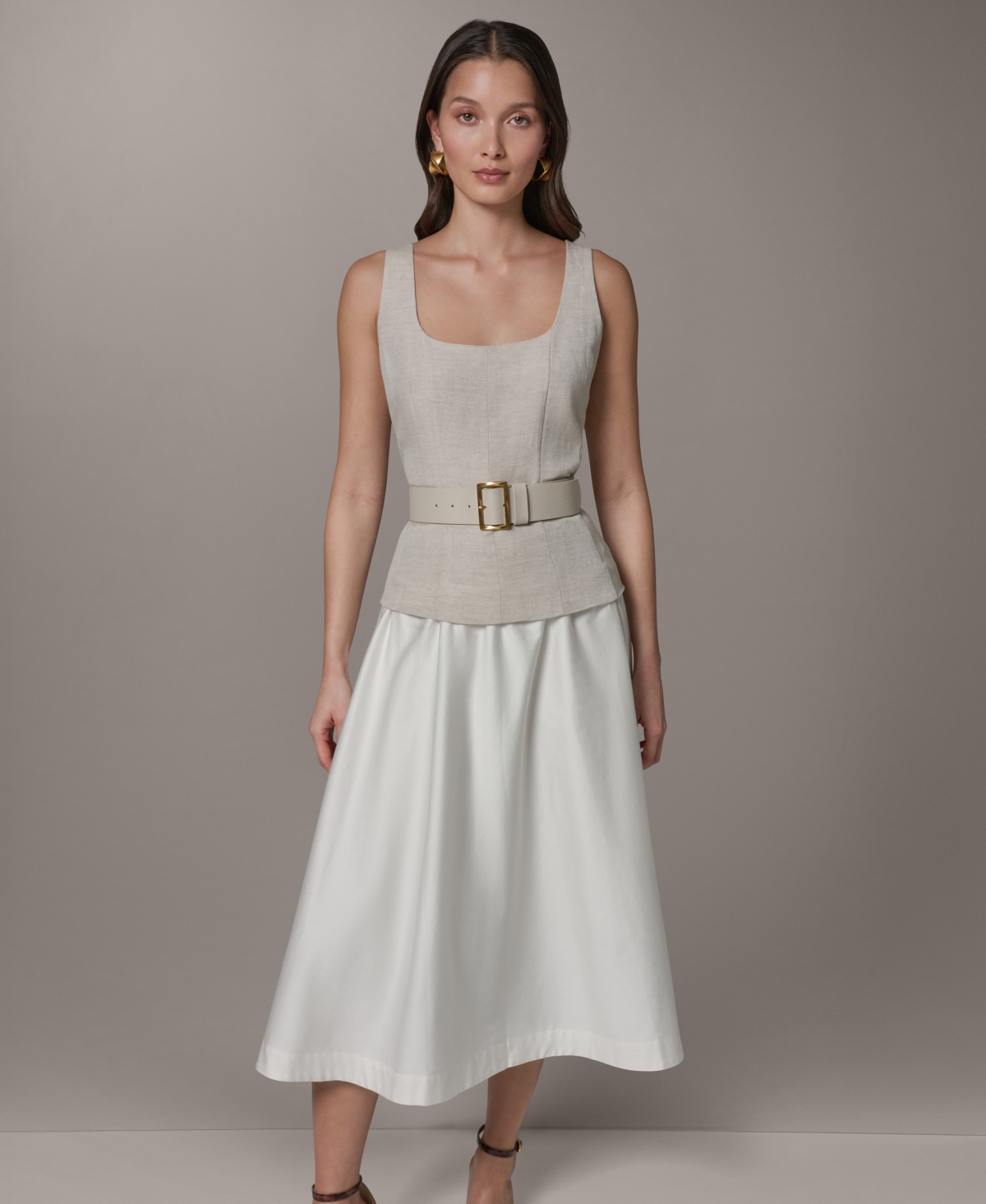 Donna Karan New York Women’s Mix Media Scoop Neck Midi Dress – Natural Cream Donna Karan New York Women’s Mix Media Scoop Neck Midi Dress – Natural Cream