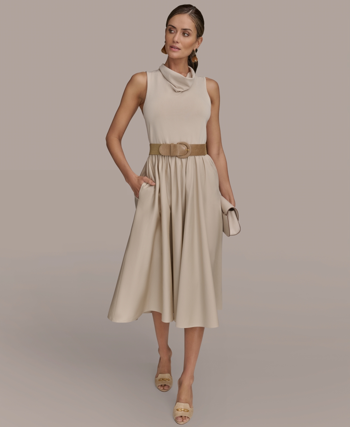 Donna Karan New York Women’s Mixed-Media Belted Midi Dress – Sand