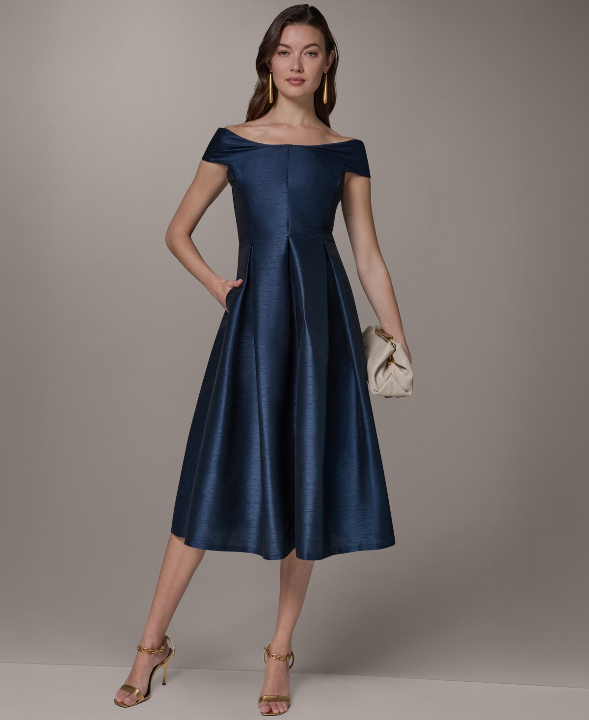 Donna Karan New York Women’s Off-Shoulder Scoop Neck Jacquard Fit & Flare Midi Dress – NIGHTFALL