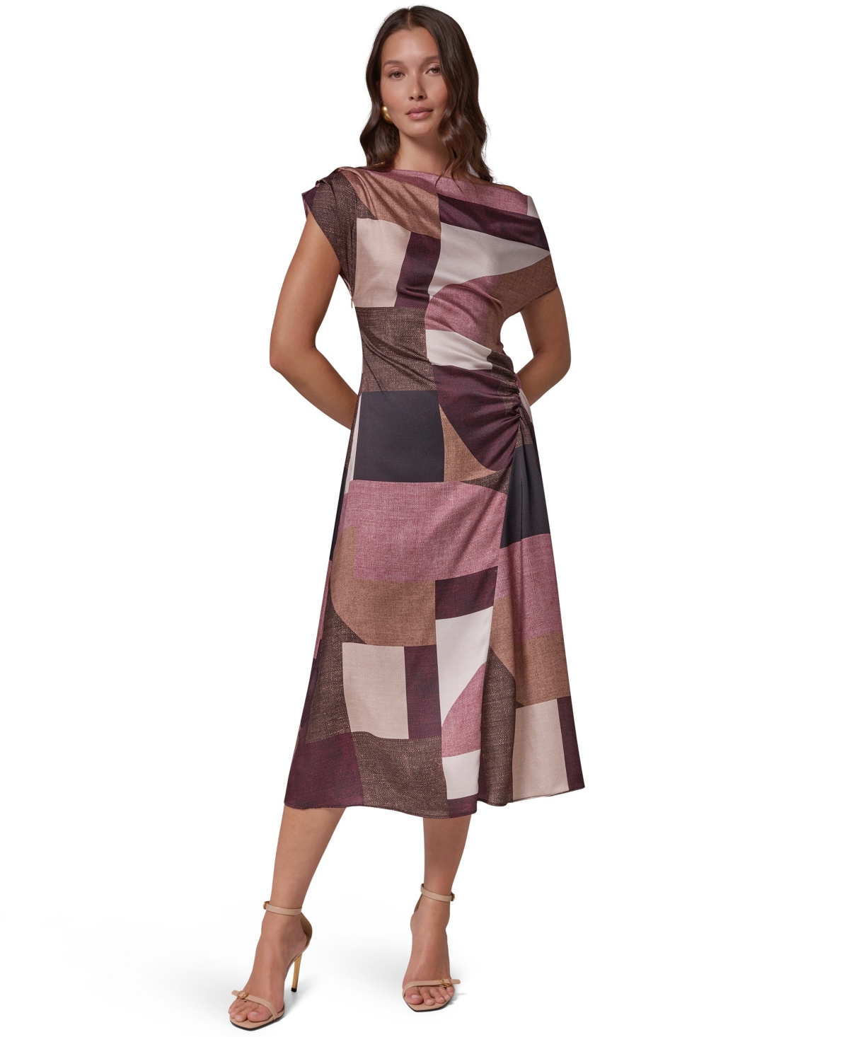 Donna Karan New York Women’s Off-the-Shoulder Asymmetrical Midi Dress – Black/Camel Multi Donna Karan New York Women’s Off-the-Shoulder Asymmetrical Midi Dress – Black/Camel Multi