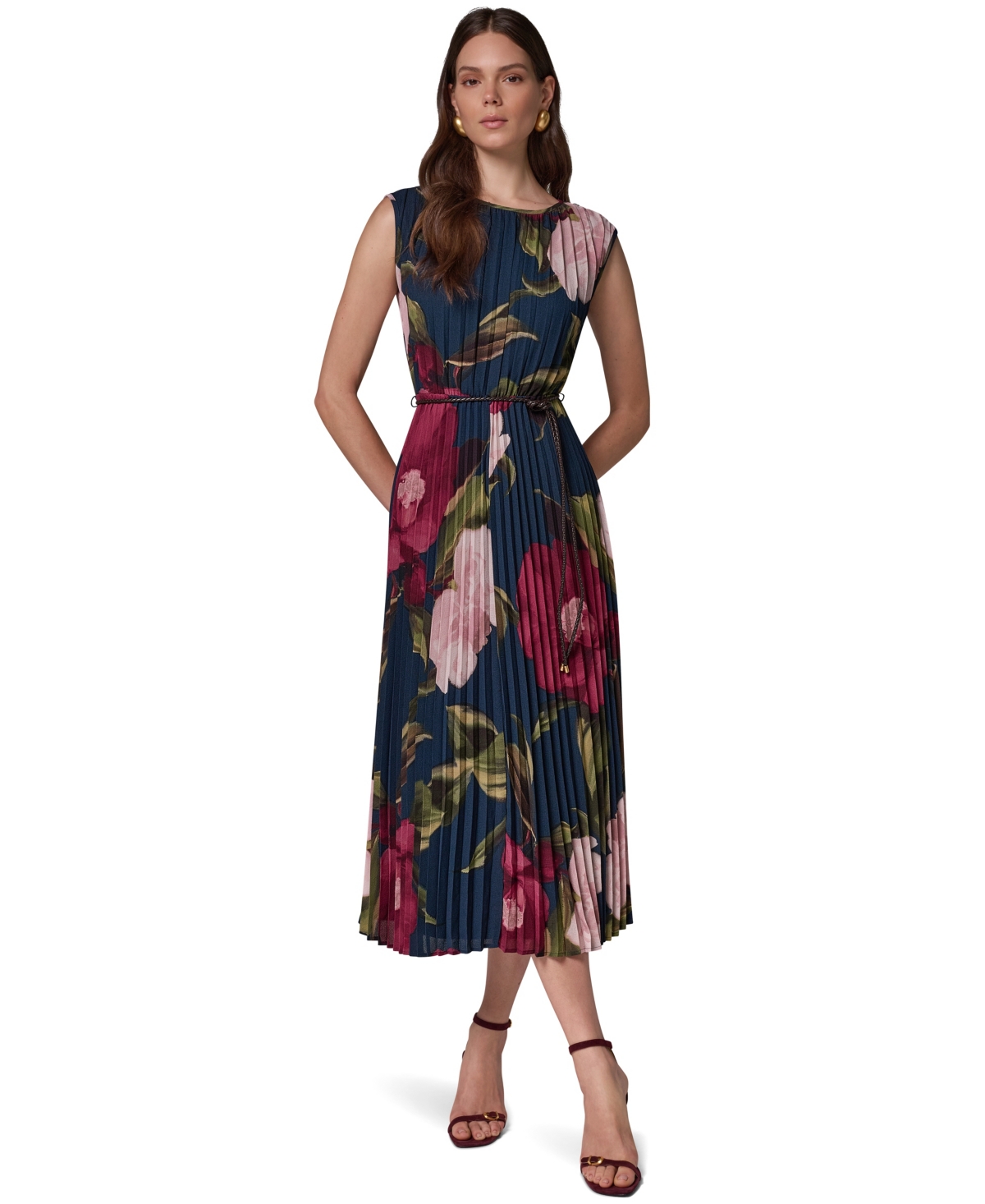 Donna Karan New York Women’s Pleated Printed Chiffon Floral-Print A-Line Sleeveless Dress – Navy/black Cherry Donna Karan New York Women’s Pleated Printed Chiffon Floral-Print A-Line Sleeveless Dress – Navy/black Cherry
