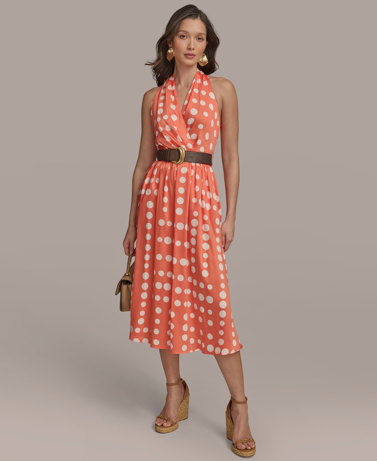 Donna Karan New York Women’s Polka-Dot Belted A-Line Dress – Spring Melon Cream