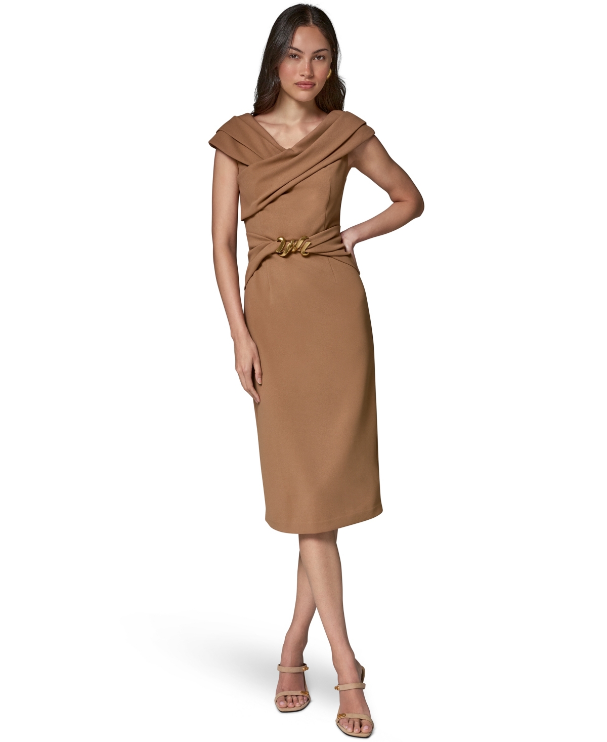 Donna Karan New York Women’s Portrait Neck Sheath Midi Dress With Hardware – Camel Donna Karan New York Women’s Portrait Neck Sheath Midi Dress With Hardware – Camel