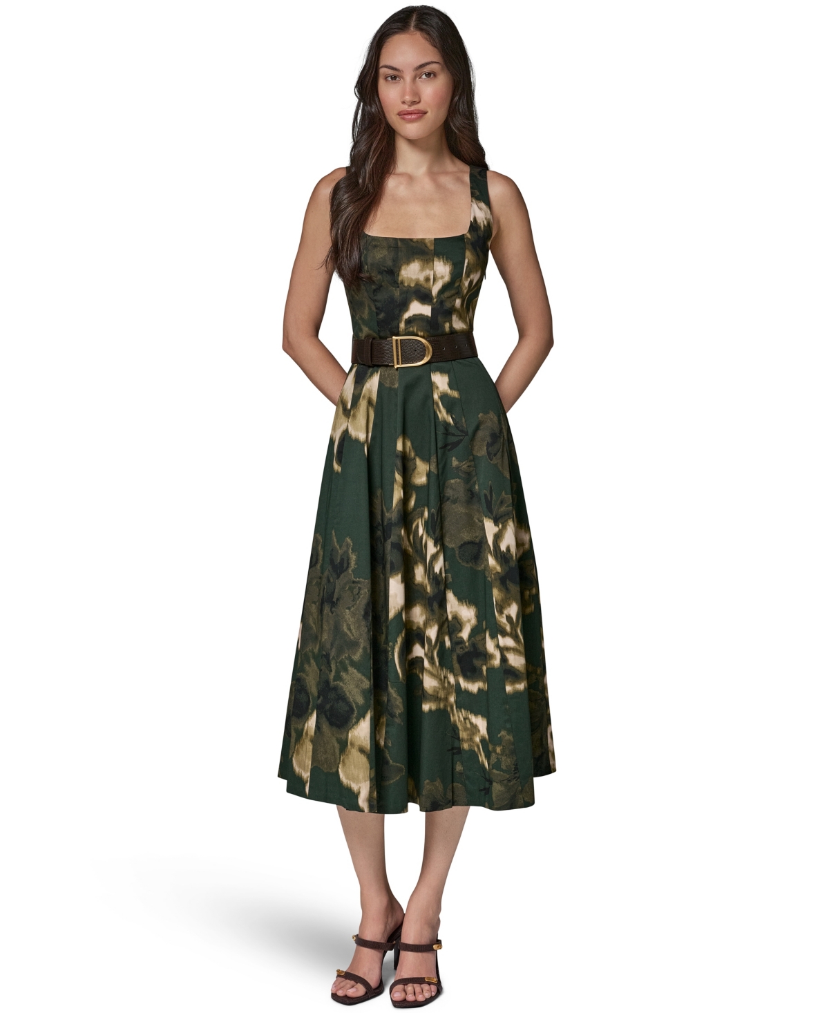 Donna Karan New York Women’s Printed Square Neck Pleated Fit and Flare Dress with Belt – Black Forrest Multi Donna Karan New York Women’s Printed Square Neck Pleated Fit and Flare Dress with Belt – Black Forrest Multi