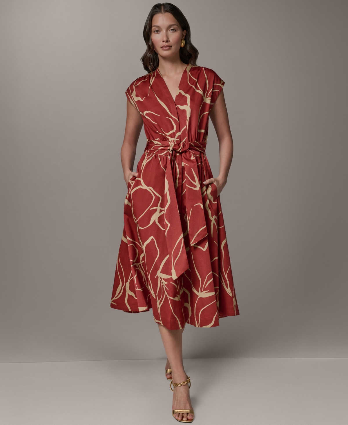 Donna Karan New York Women’s Printed Tie Belt V-Neck Midi Dress – Dk10620 Sunbaked/faw Donna Karan New York Women’s Printed Tie Belt V-Neck Midi Dress – Dk10620 Sunbaked/faw