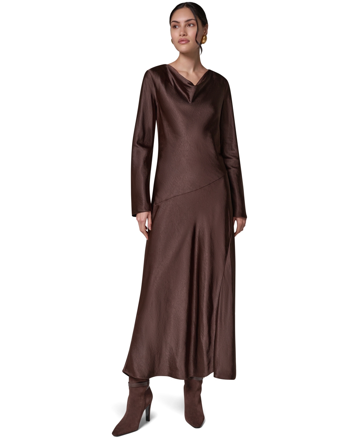 Donna Karan New York Women’s Satin Cowl Neck A-Line Dress – Espresso Donna Karan New York Women’s Satin Cowl Neck A-Line Dress – Espresso