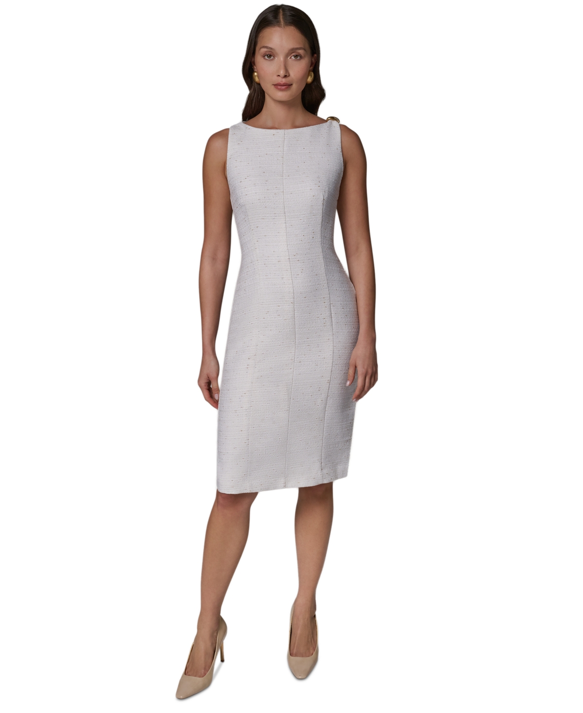 Donna Karan New York Women’s Sleeveless Boat Neck Tweed Sheath Dress – Cream/Gold Donna Karan New York Women’s Sleeveless Boat Neck Tweed Sheath Dress – Cream/Gold