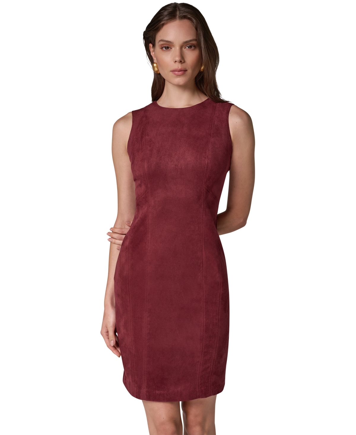 Donna Karan New York Women’s Sleeveless Crewneck Suede Sheath Dress – Black Cherry