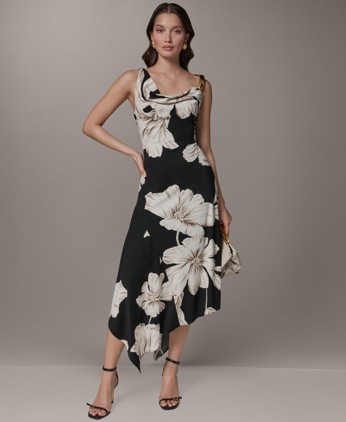 Donna Karan New York Women’s Sleeveless Floral Cowl Neck Asymmetrical Midi Dress – Black Multi Donna Karan New York Women’s Sleeveless Floral Cowl Neck Asymmetrical Midi Dress – Black Multi