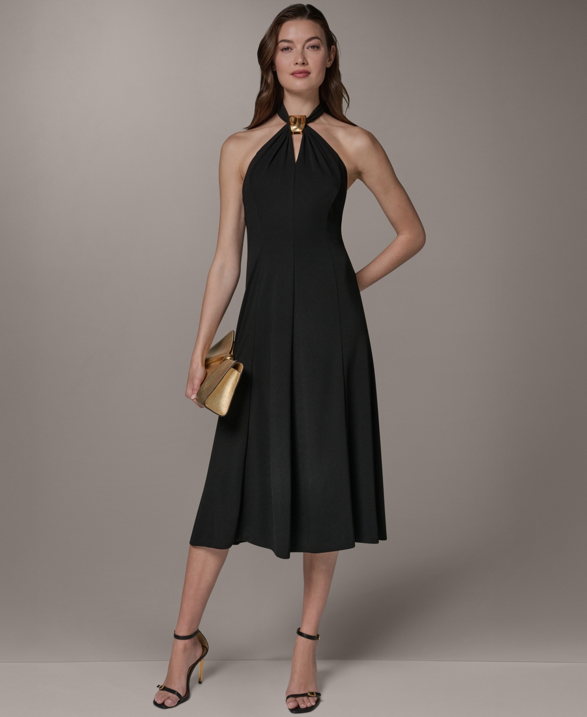 Donna Karan New York Women’s Sleeveless Halter Midi with Contour Hardware Dress – Black Donna Karan New York Women’s Sleeveless Halter Midi with Contour Hardware Dress – Black