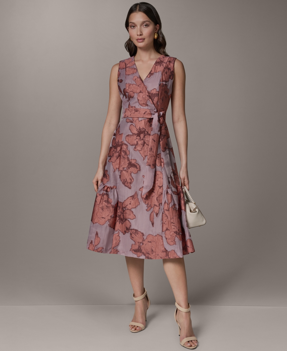Donna Karan New York Women’s Sleeveless Jacquard Faux Wrap V-Neck Floral Midi A-Line Dress – Desert Clay Donna Karan New York Women’s Sleeveless Jacquard Faux Wrap V-Neck Floral Midi A-Line Dress – Desert Clay