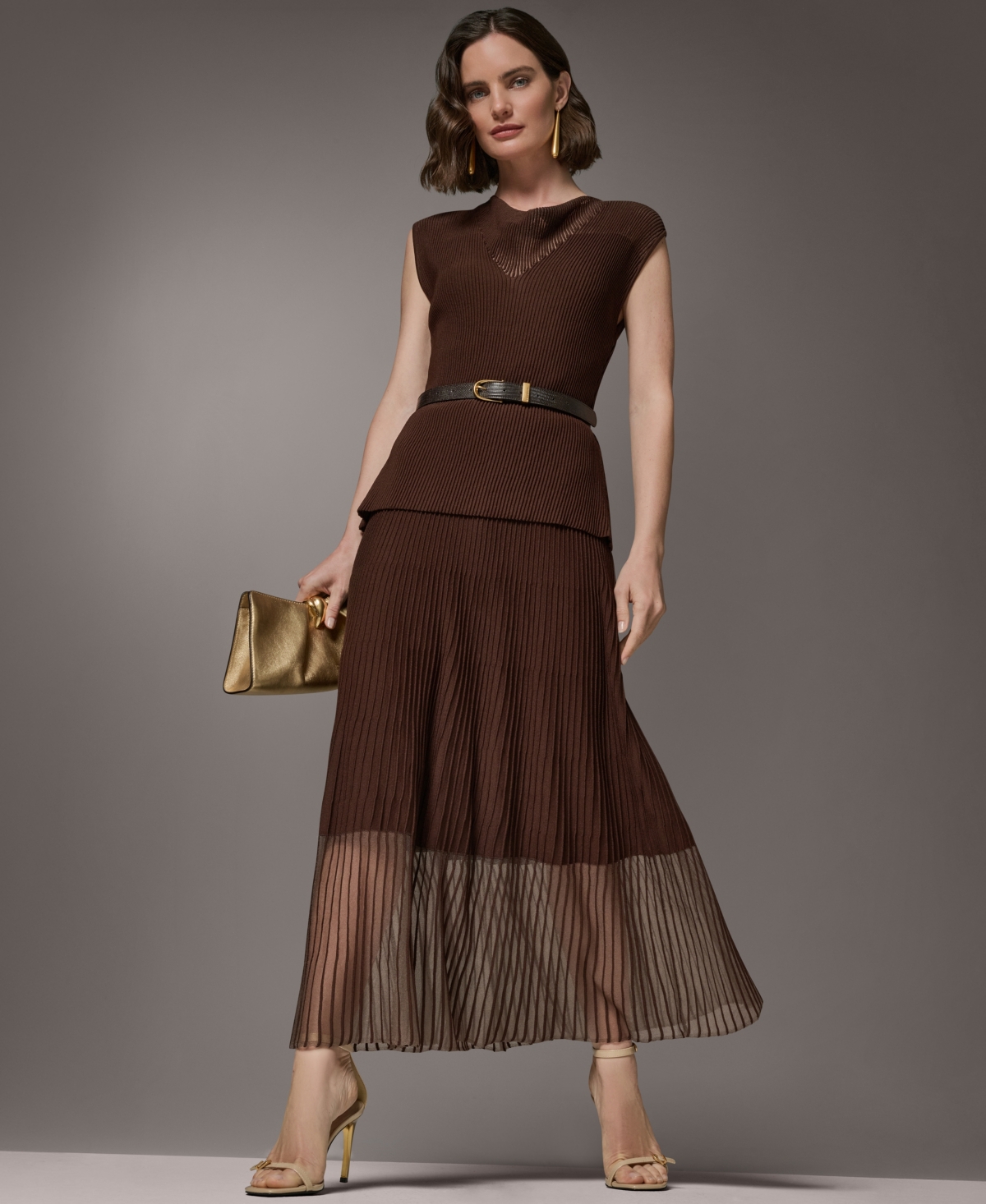 Donna Karan New York Women’s Sleeveless Knit Maxi Sweater Dress with Belt – Canyon