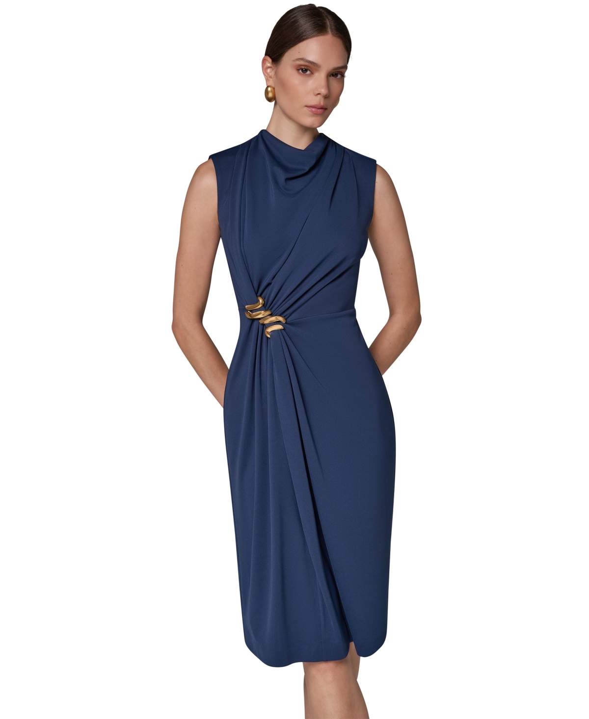 Donna Karan New York Women’s Sleeveless Mock Neck Gathered Waist Midi Dress – Night Sky Donna Karan New York Women’s Sleeveless Mock Neck Gathered Waist Midi Dress – Night Sky