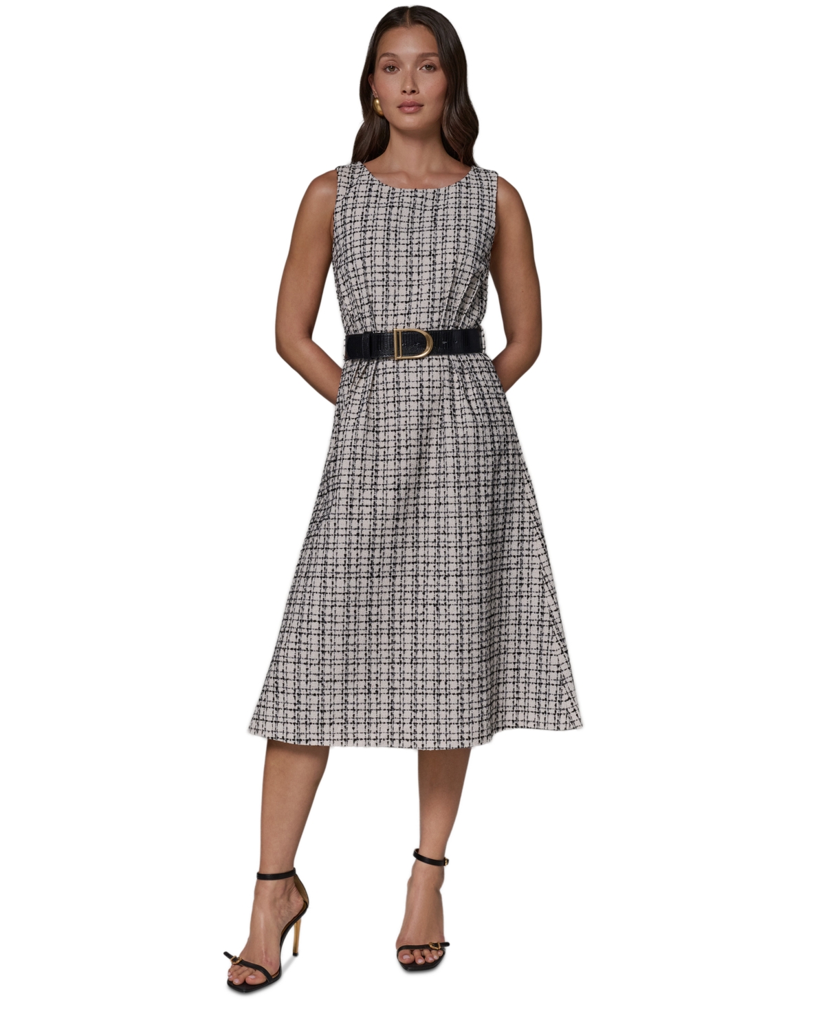 Donna Karan New York Women’s Sleeveless Plaid Tweed Belted A-Line Dress – Cream/Black/Grey