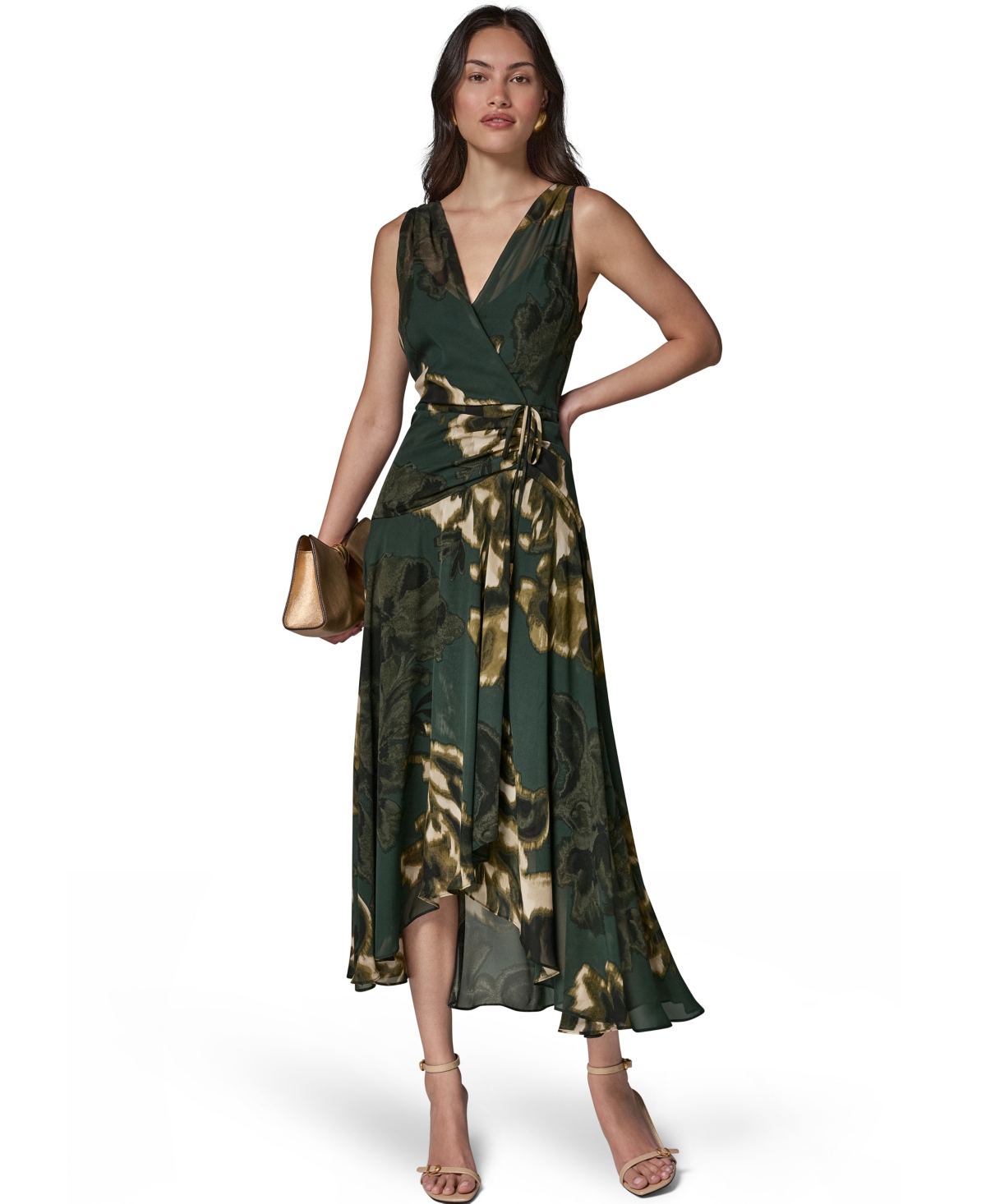 Donna Karan New York Women’s Sleeveless Printed Chiffon Surplice Neck Dress – Black Forrest Multi