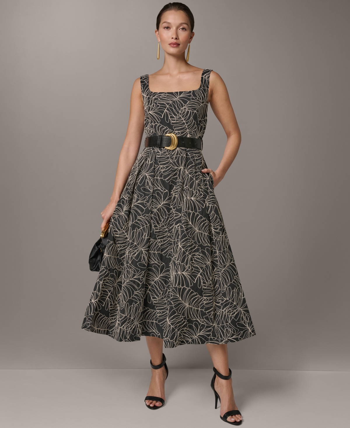 Donna Karan New York Women’s Square Neck A-Line Midi Dress with Polyurethane Belt – Black/Light Canvas Donna Karan New York Women’s Square Neck A-Line Midi Dress with Polyurethane Belt – Black/Light Canvas