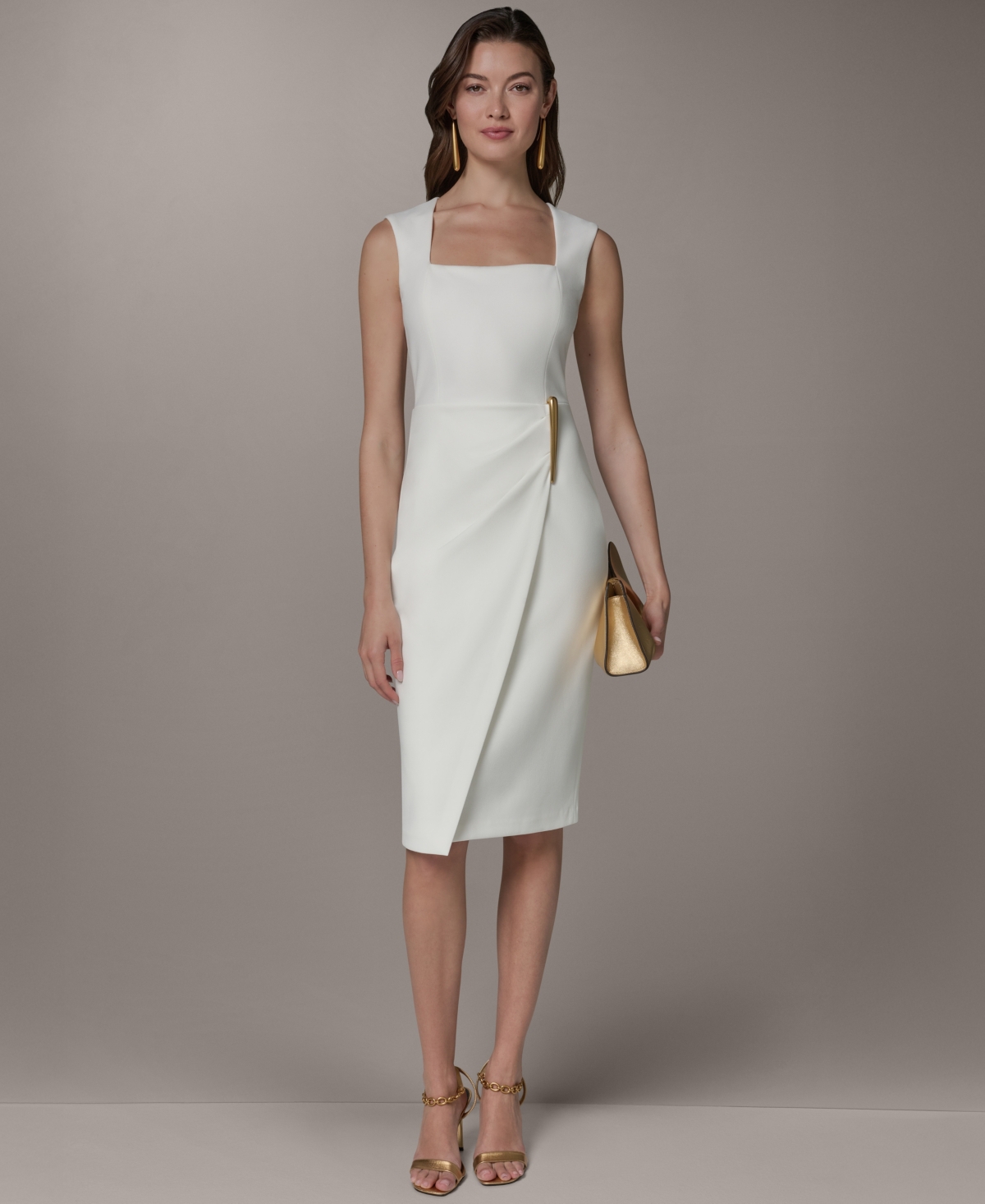 Donna Karan New York Women’s Square Neck Sheath Sleeveless Hardware Midi Dress – CREAM (CRM)