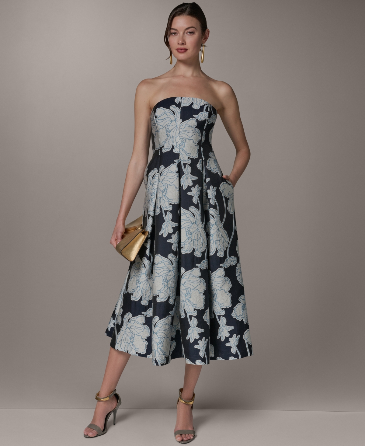 Donna Karan New York Women’s Strapless Jacquard Fit & Flare Floral Midi Dress – NIGHTFALL/CREAM Donna Karan New York Women’s Strapless Jacquard Fit & Flare Floral Midi Dress – NIGHTFALL/CREAM