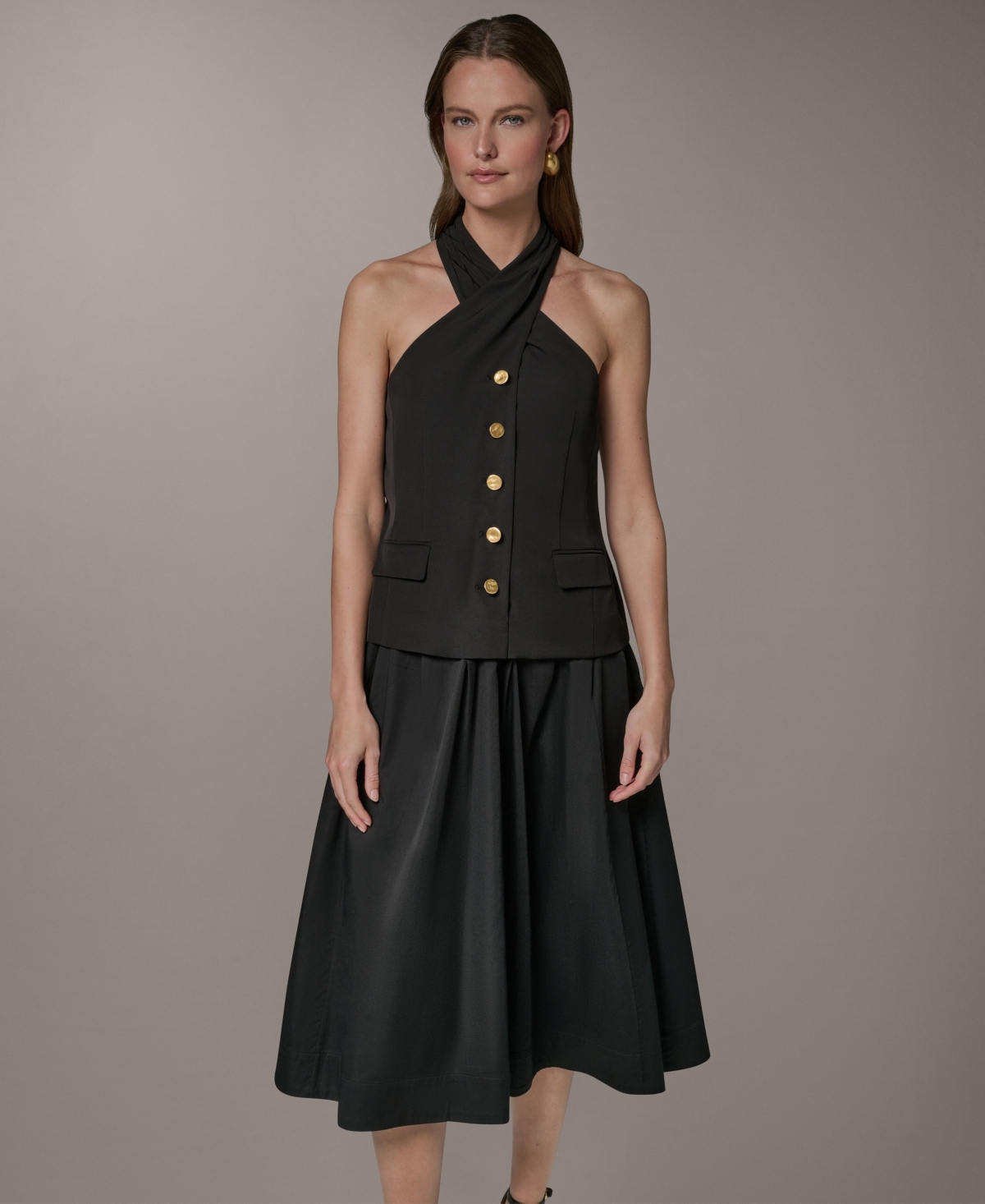 Donna Karan New York Women’s Twist Halter Mixed Media A-Line Dress – Black Donna Karan New York Women’s Twist Halter Mixed Media A-Line Dress – Black