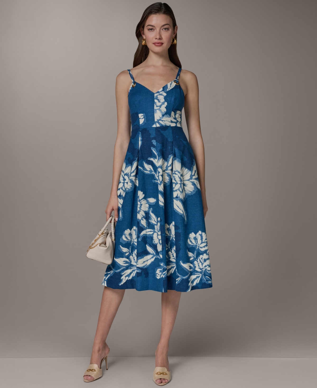 Donna Karan New York Women’s V-Neck Linen Blend Fit & Flare Sleeveless Midi Dress – PRUSSIAN BLUE MULTI (9M1) Donna Karan New York Women’s V-Neck Linen Blend Fit & Flare Sleeveless Midi Dress – PRUSSIAN BLUE MULTI (9M1)