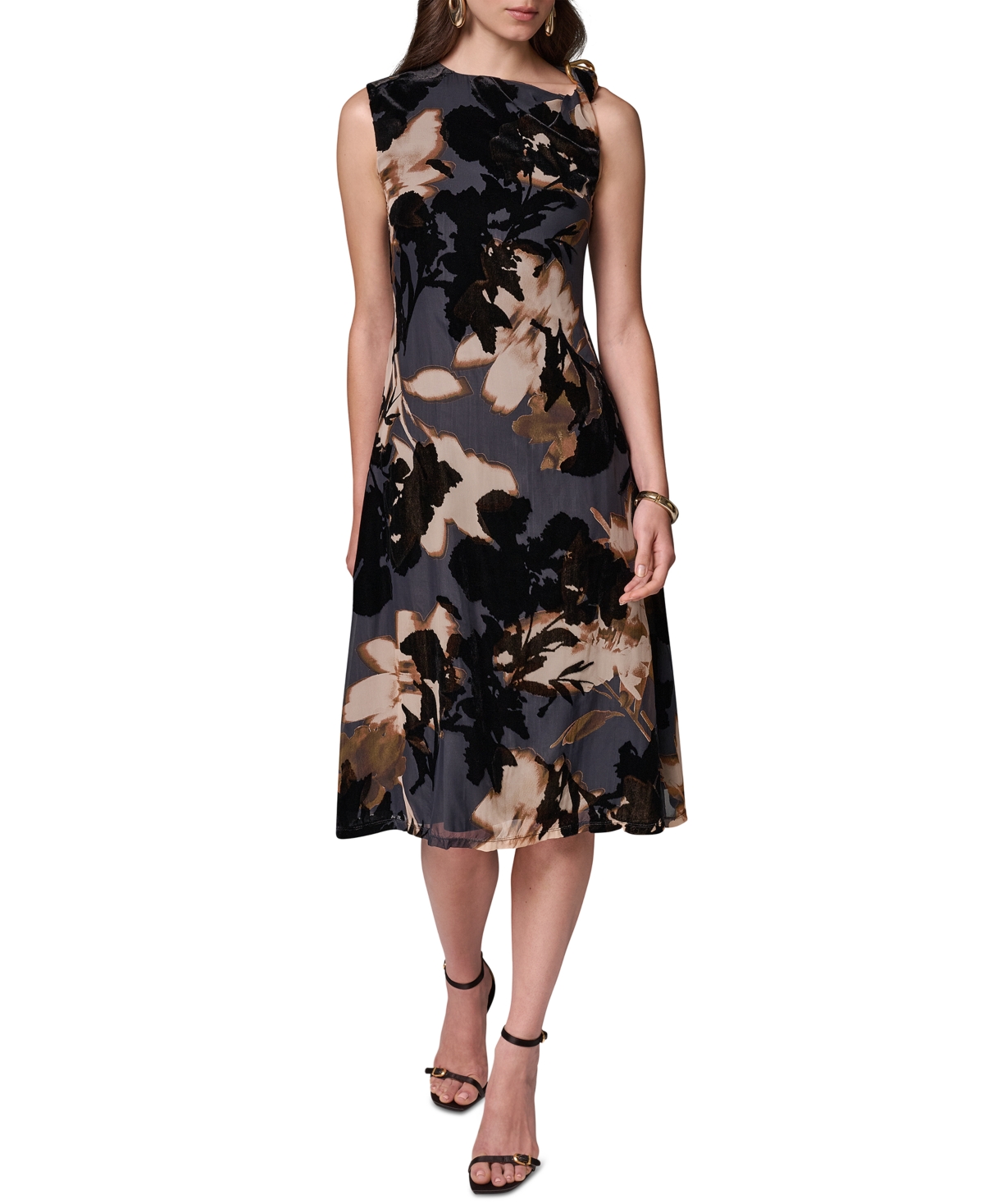 Donna Karan New York Women’s Velvet Burnout Asymmetrical-Neck Midi Dress – Brown