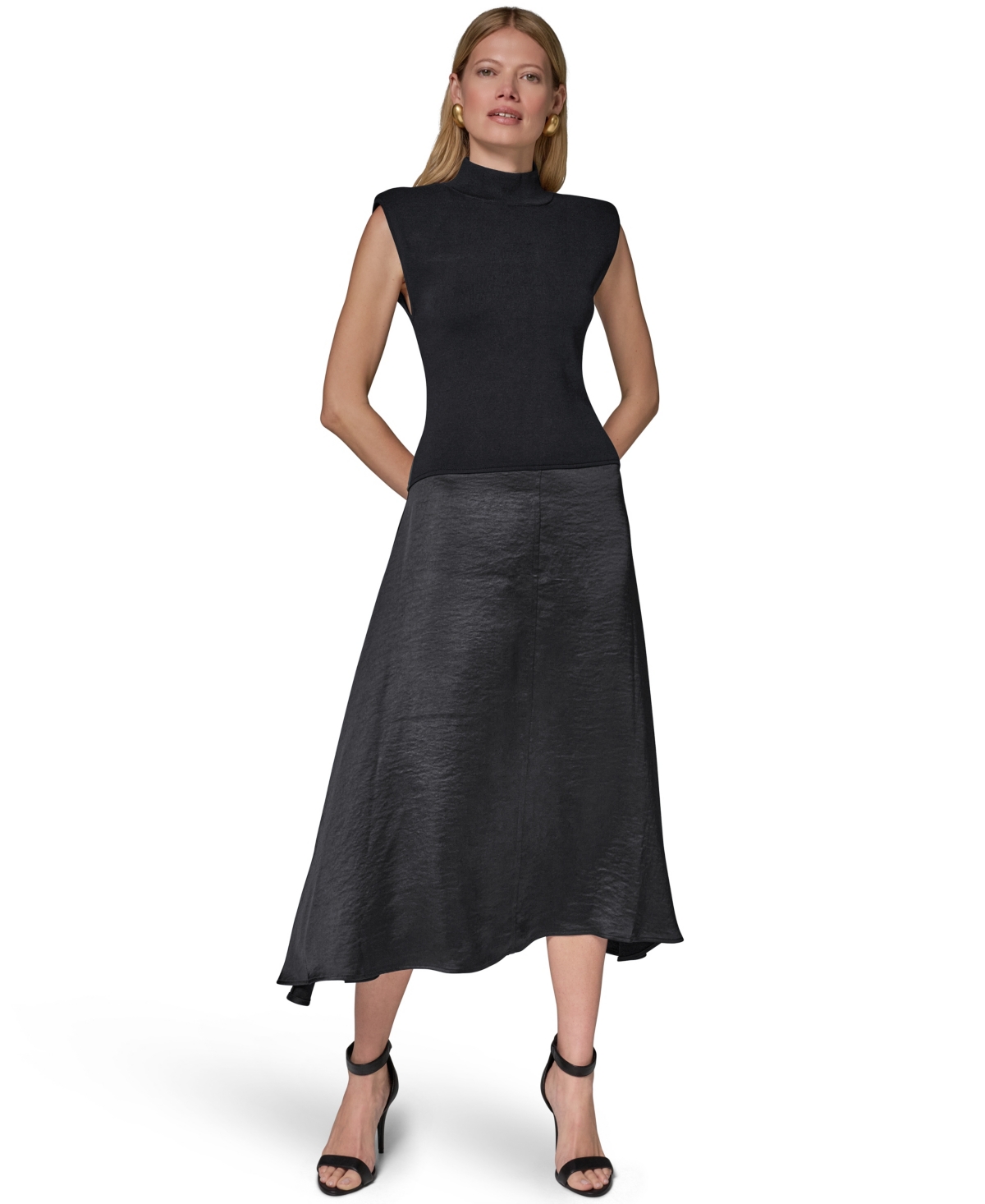 Donna Karan New York Women’s Viscose Mixed Media Midi Dress – Black Donna Karan New York Women’s Viscose Mixed Media Midi Dress – Black