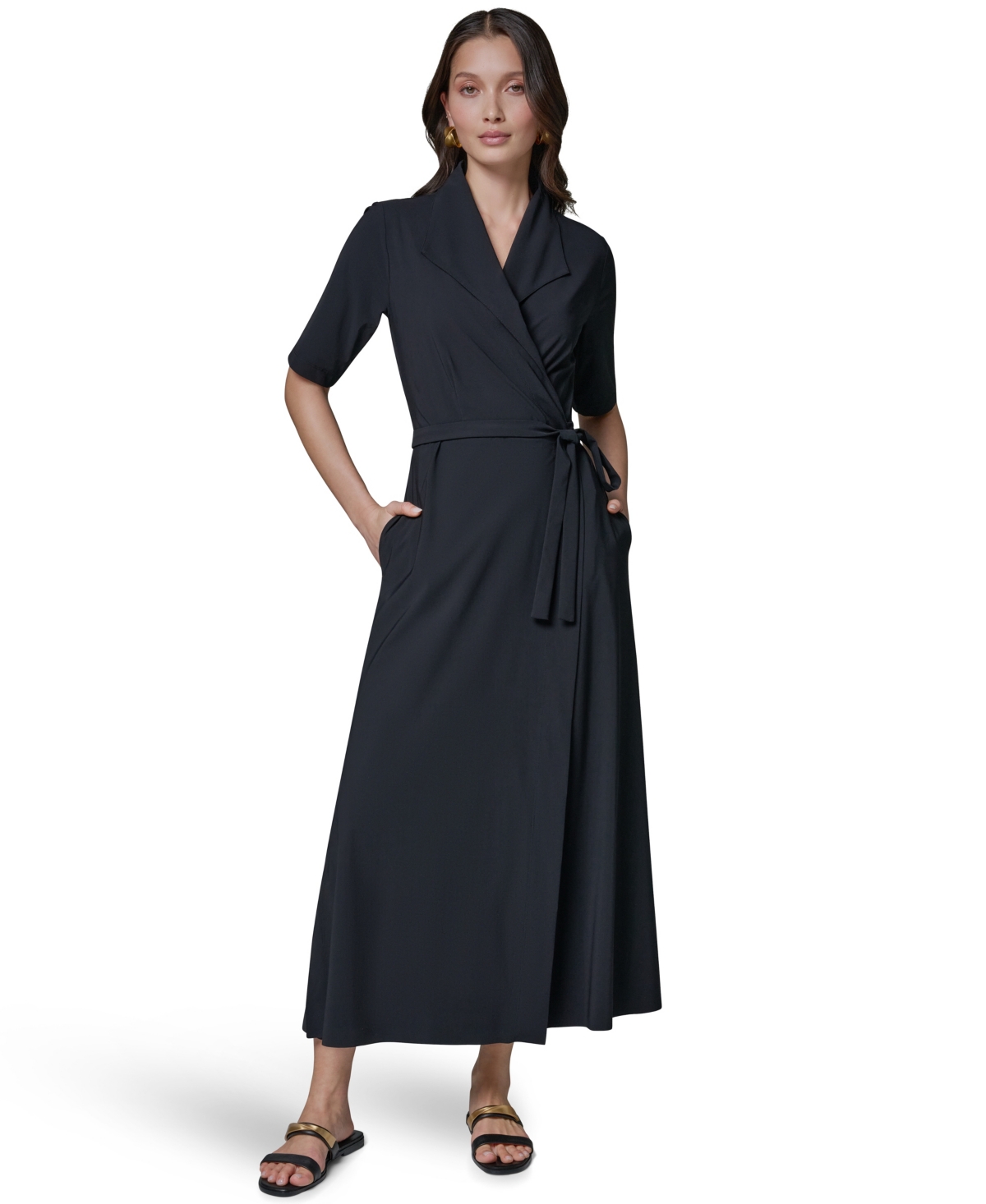 Donna Karan Weekend Women’s Elbow-Sleeve Collared Polo Dress – Black