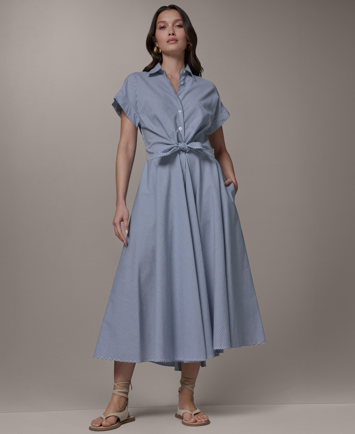 Donna Karan Weekend Women’s Stripe Button-Front Collared Midi Dress – Nightfall/cream Donna Karan Weekend Women’s Stripe Button-Front Collared Midi Dress – Nightfall/cream
