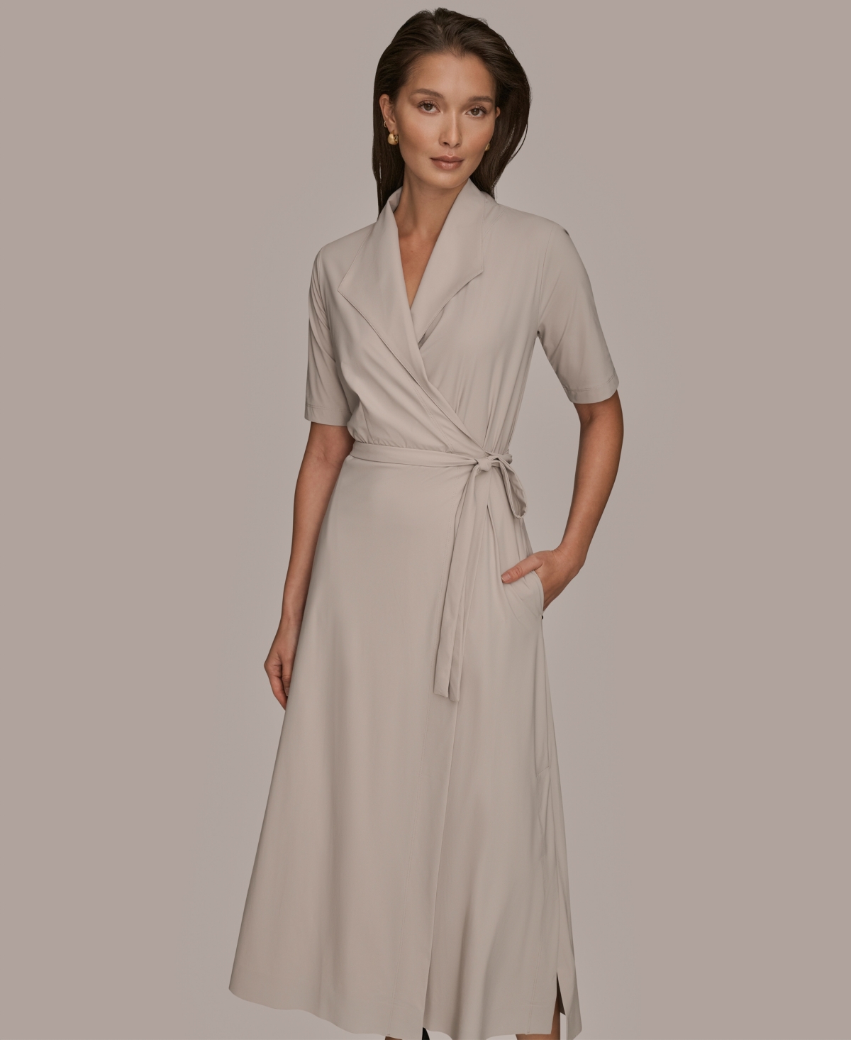 Donna Karan Weekend Women’s Tricot Knit Elbow-Sleeve Collared Polo Dress – Vapor