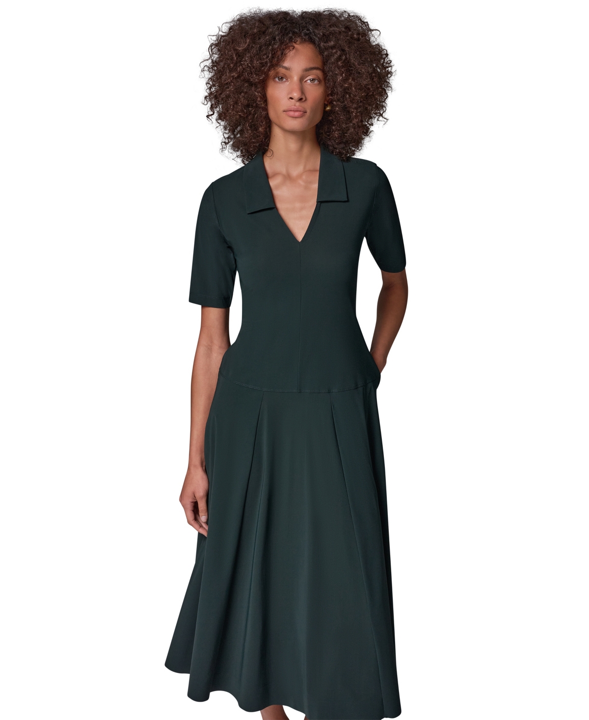 Donna Karan Weekend Women’s V-Neck A-Line Midi Dress with Pockets – Black Forest