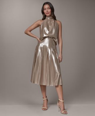 Donna Karan Womens High Neck Top High Shine Pleated Skirt