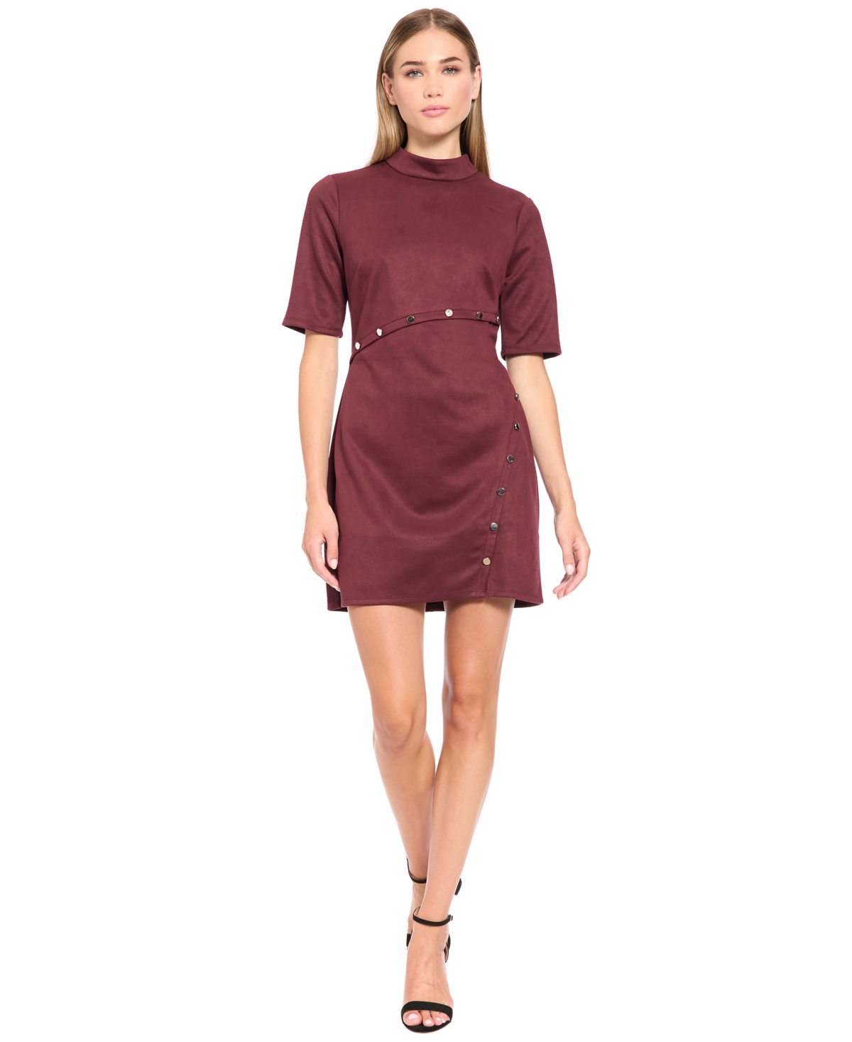 Donna Morgan Women’s Faux Suede Elbow Sleeve Mock Neck Mini Dress – Tawny Port Donna Morgan Women’s Faux Suede Elbow Sleeve Mock Neck Mini Dress – Tawny Port