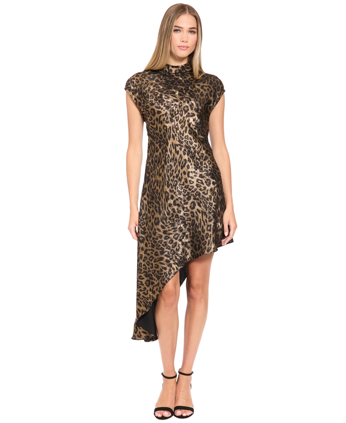 Donna Morgan Women’s Metallic Leopard-Print Asymmetrical High-Low Midi Dress – Brown Black Donna Morgan Women’s Metallic Leopard-Print Asymmetrical High-Low Midi Dress – Brown Black